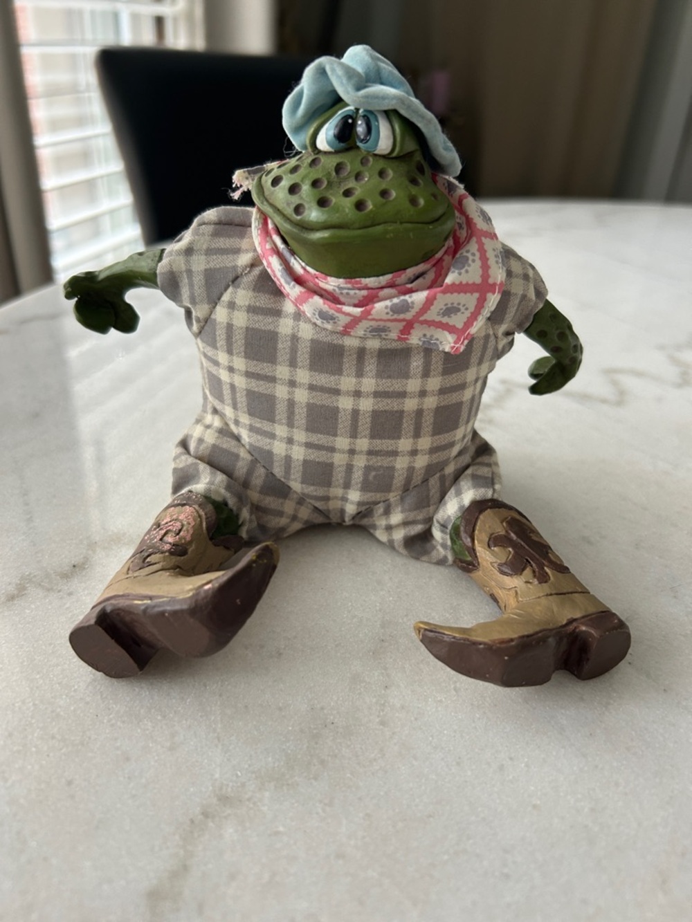 Russ Berrie Plush Frog in Gray Plaid Outfit with Pink Bandana